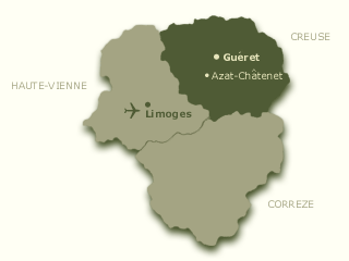 Map of Creuse in France showing Etang de Azat-Chatenet carp fishing lake and Limoges airport