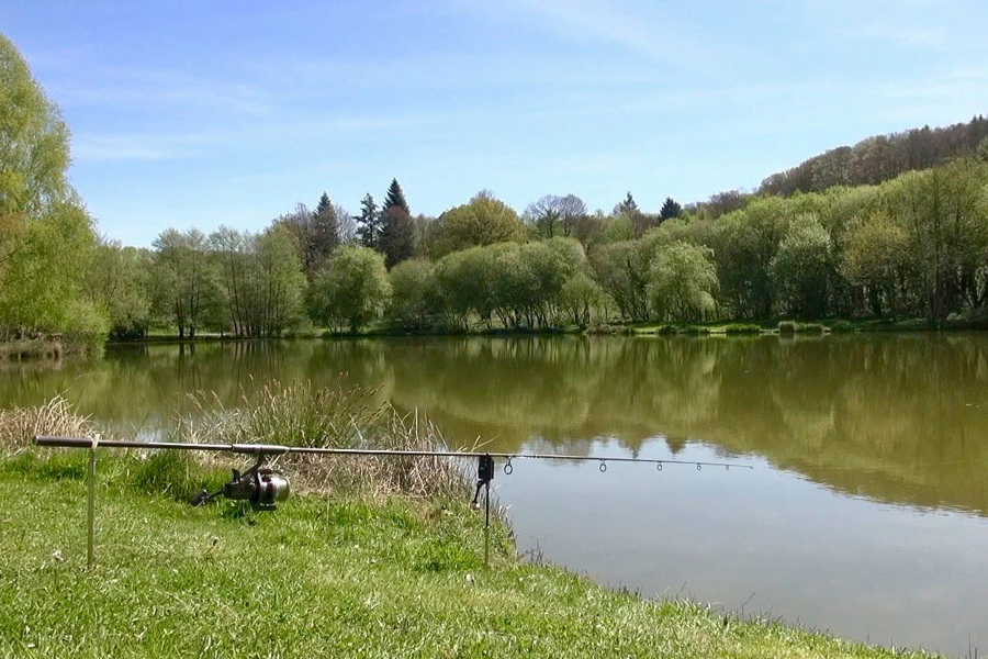 Fishing rod set up at swim ready for carp fishing at Etang de Azat-Chatenet lake in France