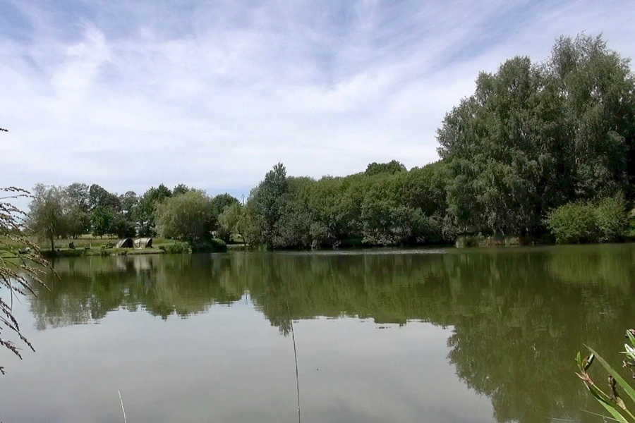 View towards swims 6 and 7 at Etang de Azat-Chatenet carp fishing lake in France